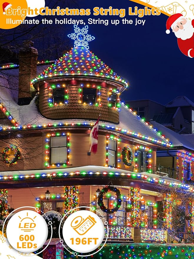 600 LED 196 FT Christmas Lights, Waterproof Outdoor String Lights with Remote and Timer, Christmas Tree Lights with 8 Modes Dimmable, Fairy Lights for Holiday Decor (Multicolor)