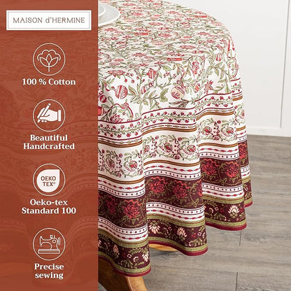 Maison d' Hermine Table Cloth Round Table 100% Cotton 63 Inches Fall Tablecloth Reusable Everyday Use for Thanksgiving Christmas Decorations Dining Farmhouse Party (Reveillon Au Jardin)