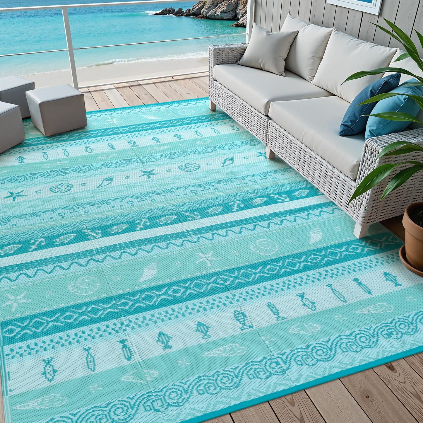 Uphome Coastal Outdoor Rug Waterproof 8x10, Large Reversible Ocean Beach Theme Striped Patio Plastic Straw Rugs, Tribal RV Camping Outside Carpet Mat for Pool Back Yard Deck, 8 x 10 ft