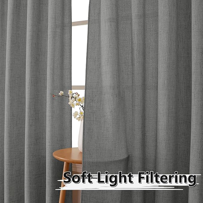 Tollpiz Short Linen Curtain Living Room Rod Pocket Semi Sheer Curtains Burlap Light Filtering Thick Linen Drape for Bedroom, 54 x 45 inches Long, Dark Grey, Set of 2 Panels