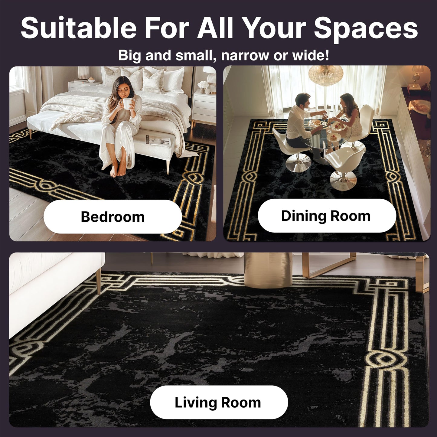 Well Woven Lezlee Abstract Modern 7'10" x 9'10" Area Rug Black Gold Marble Border - for Living Room, Dining Room, Bedroom