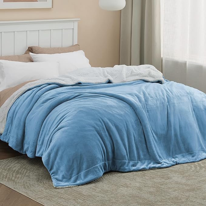 Bedsure GentleSoft Sherpa Fleece Blankets Queen Size for Bed - Thick and Warm Throw for Men, Soft Fuzzy Plush Queen Blanket for Winter, Washed Blue, 90x90 Inches