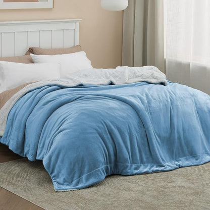 Bedsure GentleSoft Sherpa Fleece Blankets Queen Size for Bed - Thick and Warm Throw for Men, Soft Fuzzy Plush Queen Blanket for Winter, Washed Blue, 90x90 Inches