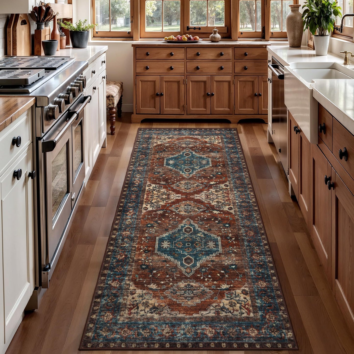 Tangsoo 2x5 Washable Runner Rug for Hallways, Non Slip Vintage Runner Rug, Soft Low Pile Long Rug Runner, Print Distressed Carpet Runners for Kitchen Bedroom Entryway Bathroom Living Room Rust