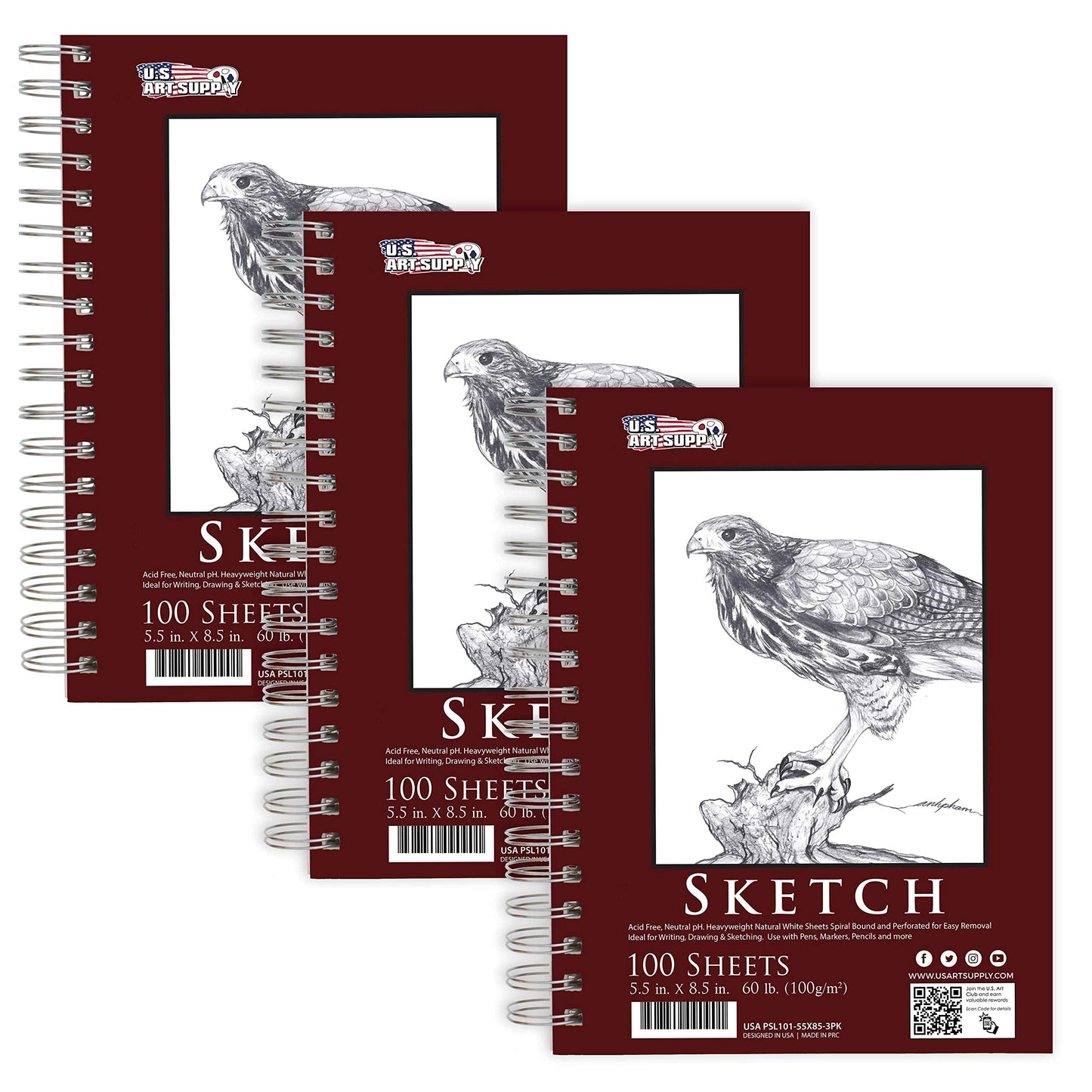 U.S. Art Supply 5.5"x8.5" Sketch Book Pad, 3 Pack (100 Sheets Each), 60lb (100gsm) Spiral Bound - Sketching, Drawing Pad, Acid-Free Paper - Sketch Pads for Adults, Students: Colored Pencils, Charcoal