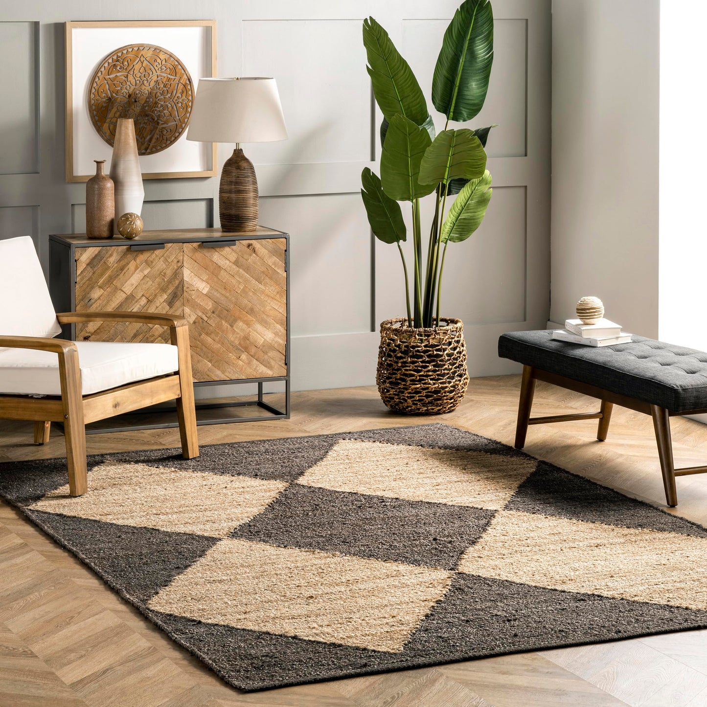 nuLOOM Pandora Diamond Jute Area Rug - 3' x 5' Black/Ivory Jute Accent Rug for Dining Room, Living Room, Entryway, Kitchen