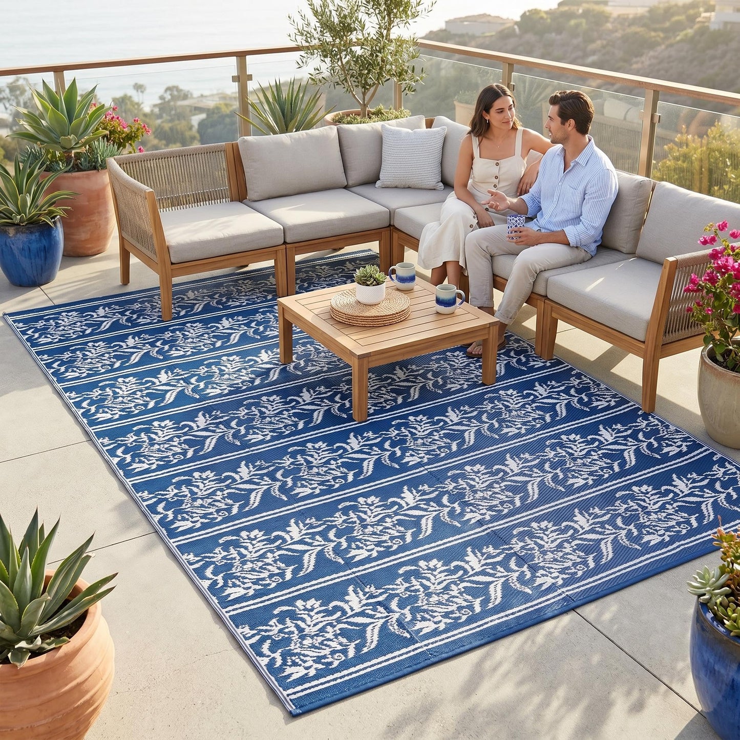 Garvee Outdoor Rugs 5x8 Waterproof Reversible Mat Boho Leaf Patio Rug with 4 Stakes and Starage Bag, Large Outdoor RV Mat Rugs for Camping, Picnic, Balcony, Deck, Backyard, Navy Blue & White