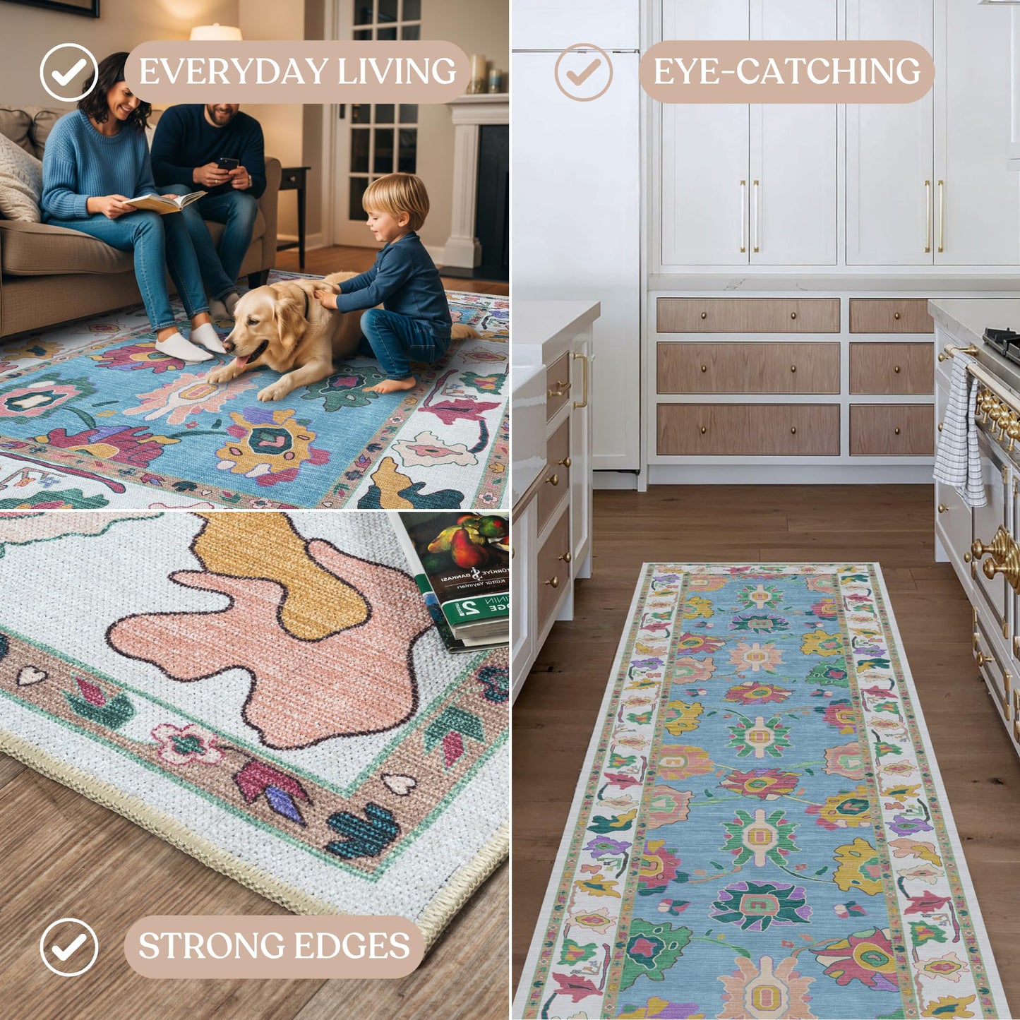 Fame Living Colorful Oushak Runner Rug, Modern Runners, Turkish, Eclectic, Floral, Pastel, Washable, Small Throw Rugs, Short Runner for Entryway, Laundry, Foyer, Bedroom, Kitchen, Bathroom, 2'5"x6'5"