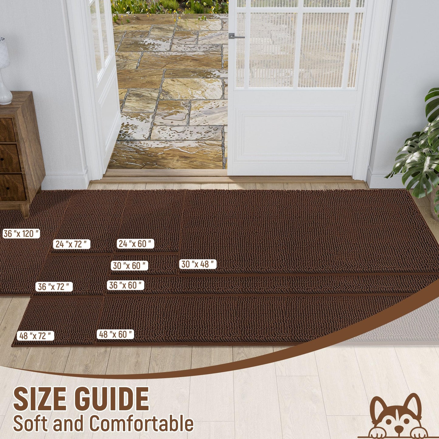 HOMEK Absorbent Dog Door Mat for Muddy Paws, 60" x 36" Chenille Indoor Mats for Entryway, Trap Dirt Front Door Mat Indoor Entrance Washable Non Slip Soft Brown