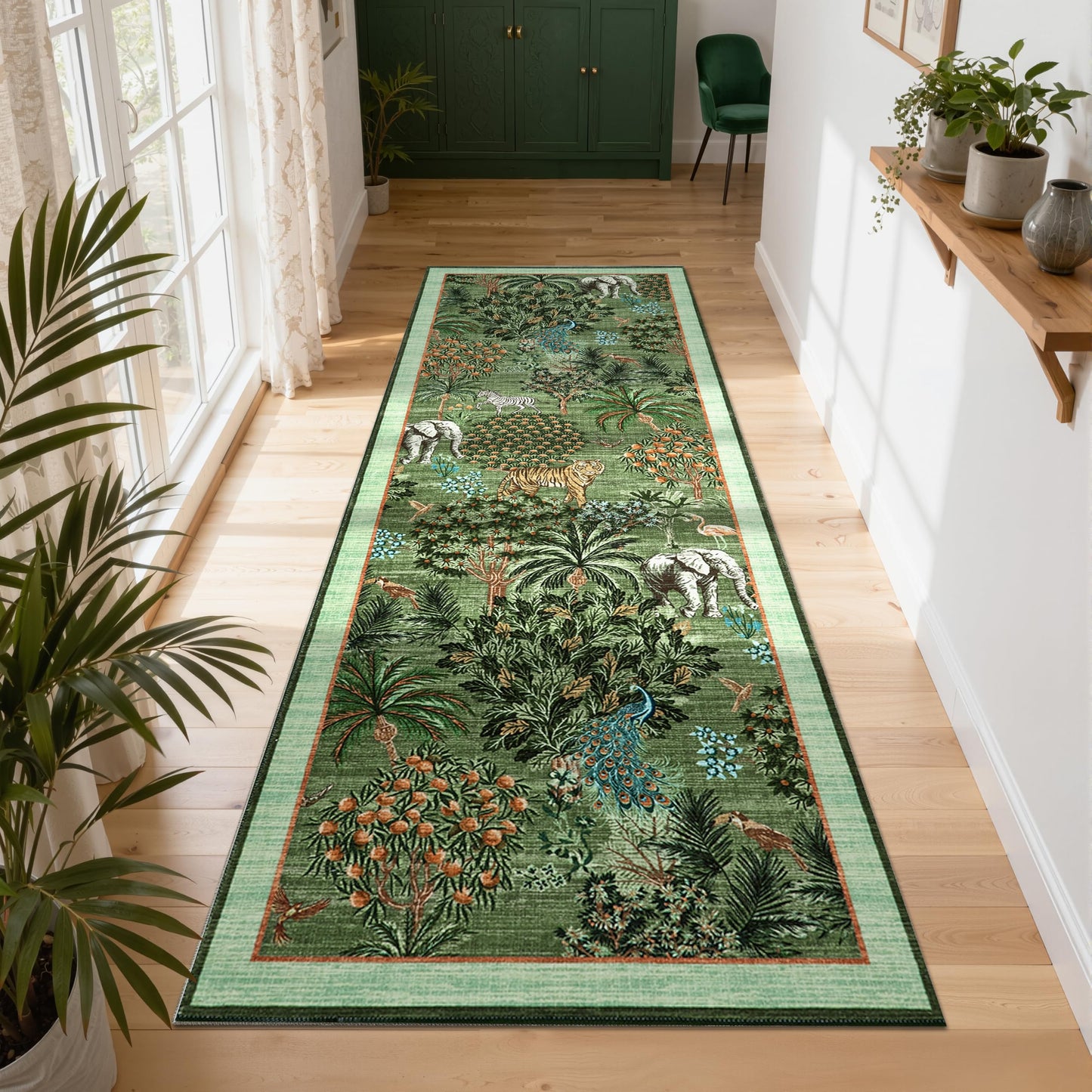 GarveeHome Jungle Rug 2x6 Kitchen Runner Rug Non Slip Washable Runners for Hallways, Animal Print Runner Rugs with Rubber Backing Soft Low-Pile Long Carpet for Bedroom Entryway Laundry, Forest Green