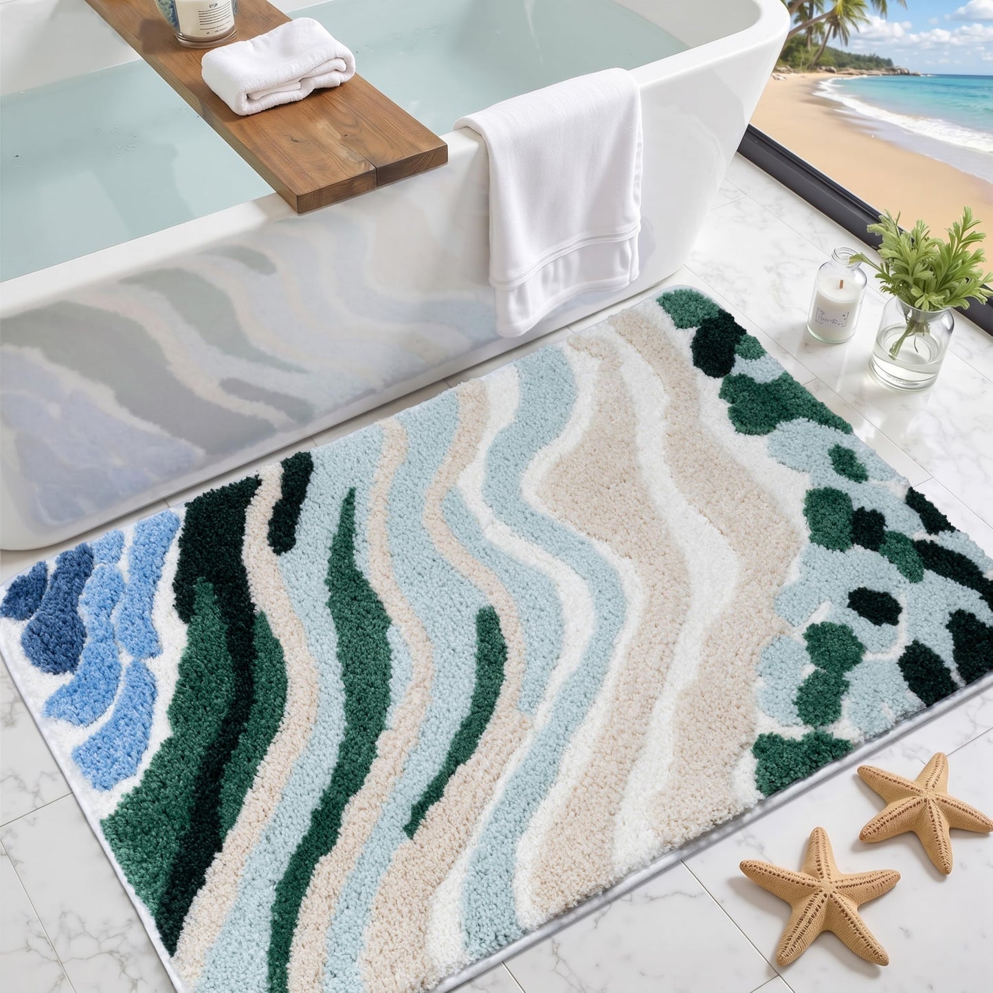Cevolyn Blue Green Beach Bathroom Rug, Non-Slip Ultra Soft Microfiber Cute Coastal Bath Mat, Absorbent 3D Tufted Ocean Wave Decor for Floor, Shower, Tub, Machine Washable, 20"x32"