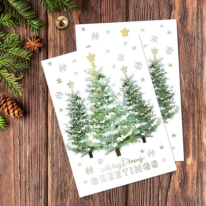 Masterpiece Gold Trimmed Trees Christmas Cards / 16 Boxed Seasons Greetings Holiday Cards Set With Coordinating Gold Foil Lined Envelopes / 5 5/8" x 7 7/8" Folded Winter Greeting Cards With Inside