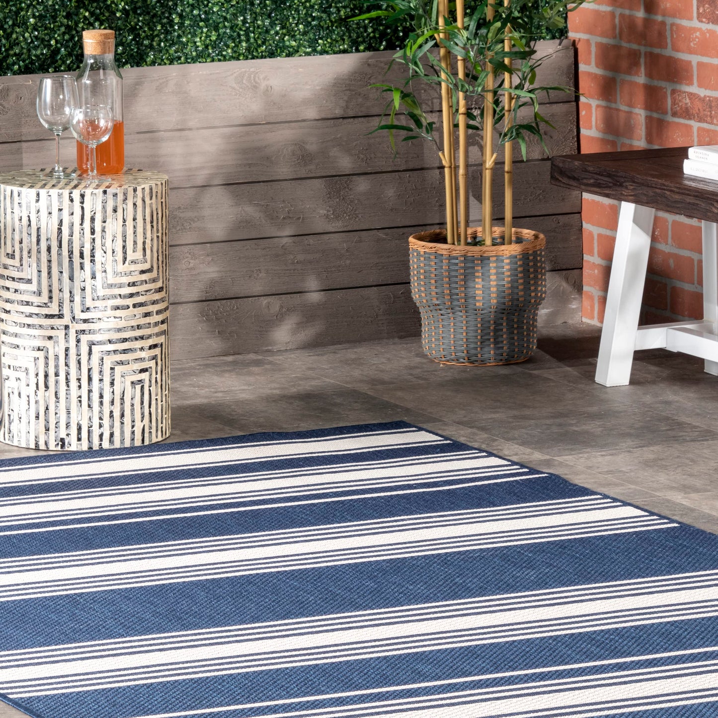 Rugs USA Romy Navy/Ivory, 6'7" x 9', Striped, Soft and Cozy, High Traffic, Stain Resistant, Easy Clean, Durable Area Rug for Indoor/Outdoor Patio, Deck, Porch, Garden, Courtyard
