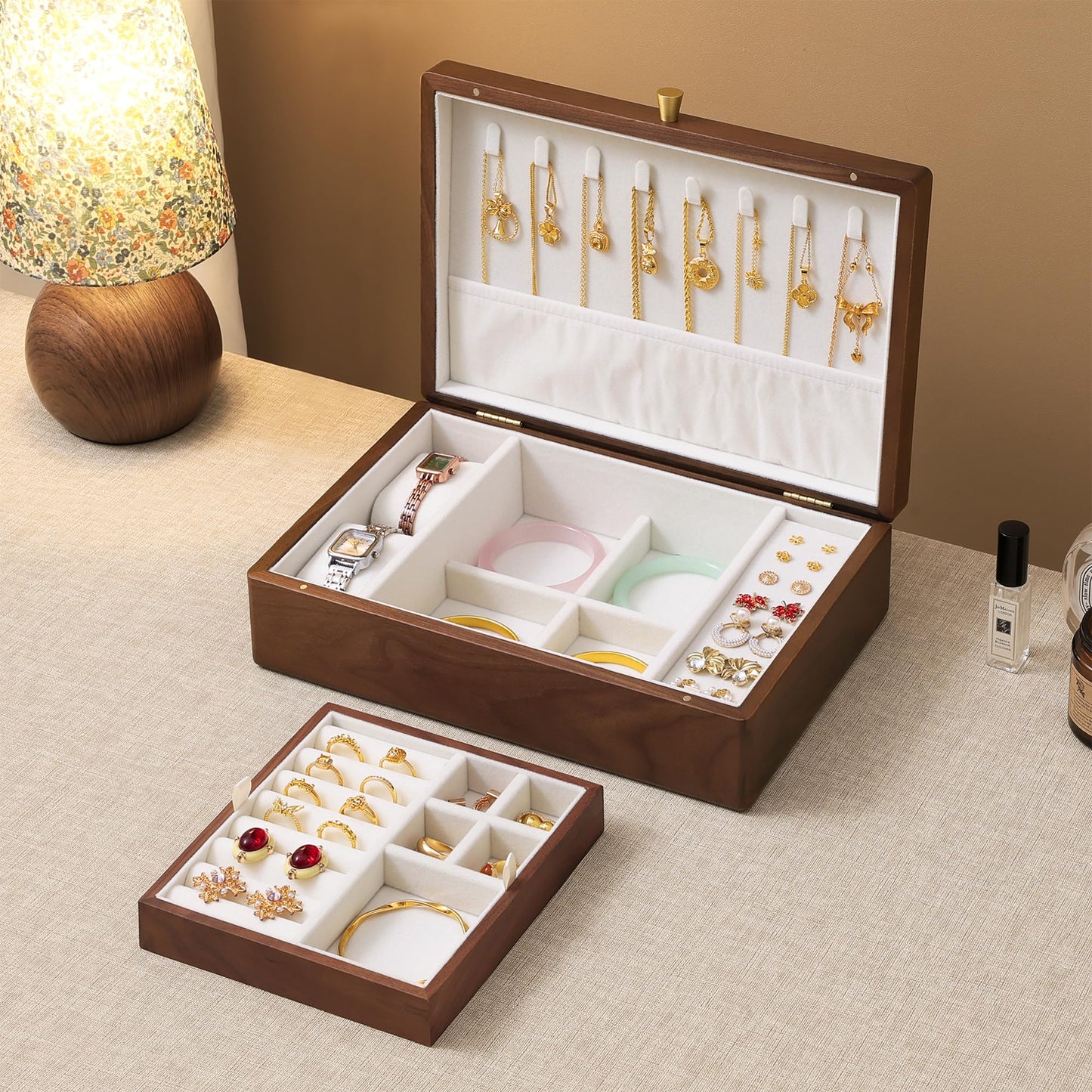 Black Walnut Wooden Jewelry Box, 2 Layer Large Natural Solid Wood Jewelry Organizer Storage with Removable Tray for Necklace Ring Earrings Watch Bracelet, Velvet Lined Box Gifts for Mom, Women, Girls