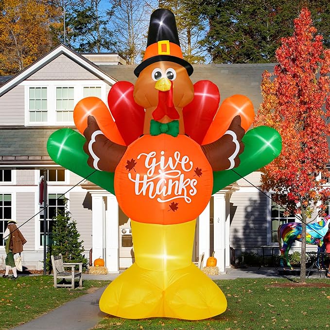 14FT Thanksgiving Inflatables Turkey, Giant Blow Up Turkey with Colorful Tail, Lighted Thanksgiving Outdoor Decorations Give Thanks Turkey Pumpkin for Fall Autumn Harvest Holiday Yard Decor
