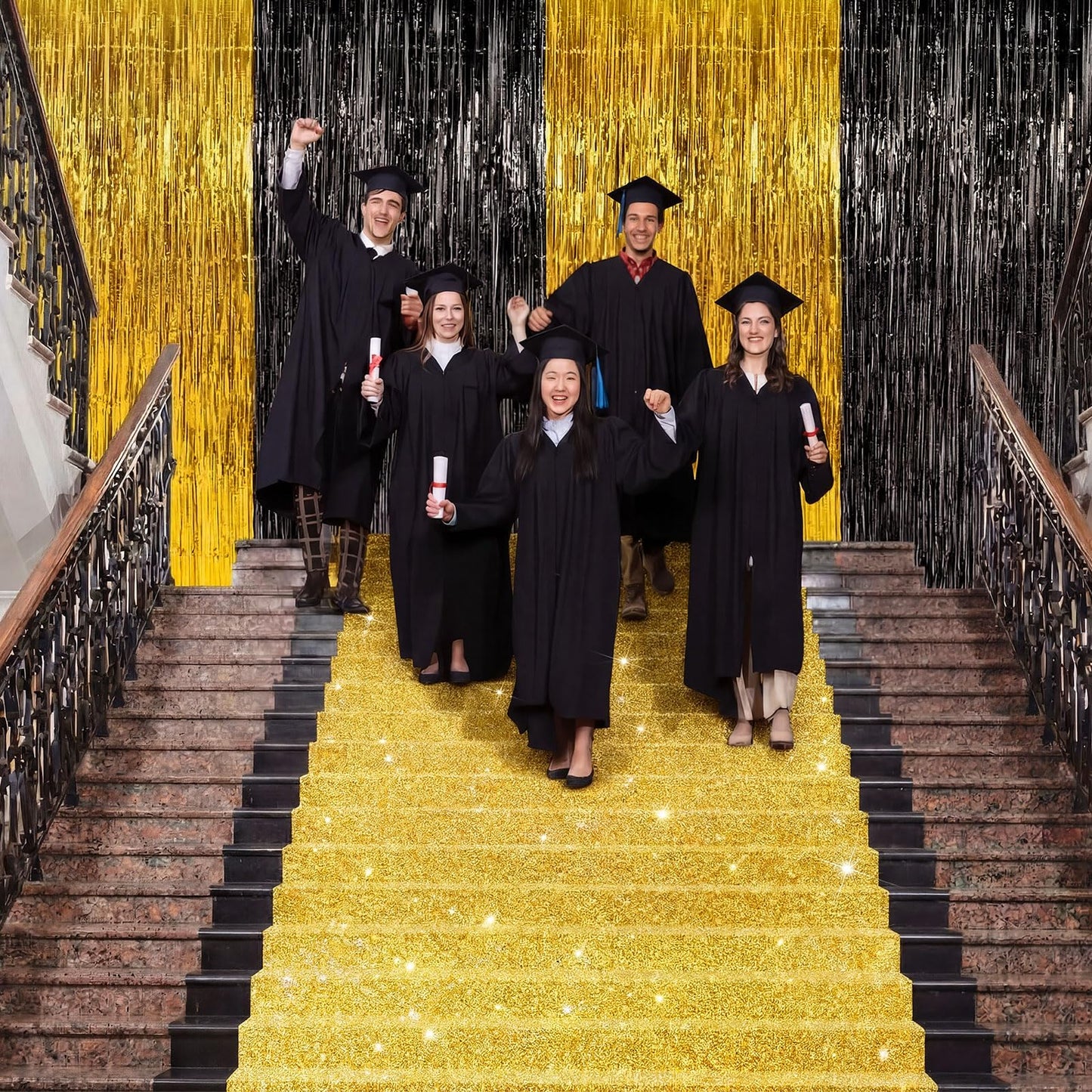 Moukeren 2026 Graduation Prom Decoration 2.5 x 30 ft Gold Carpet Runner with 4 Metal Tinsel Tassel Curtains for College Graduation Ceremony Birthday Wedding Party Decor