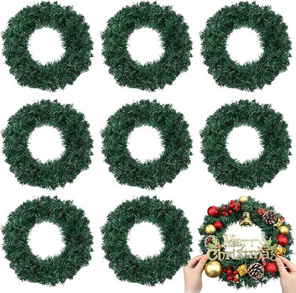 Zeyune Christmas DIY Green Wreath 14 Inch Artificial Christmas Wreaths Faux Plain Wreaths for Decorating Front Door Window Room Farmhouse Xmas Party Indoor Outdoor(Classic,8 Pcs)