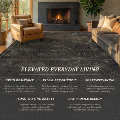 TALANOVA Black Farmhouse Washable 8x10 Area Rugs for Living Room, Dark Charcoal Volcanic Textured Large Rug for Bedroom, Non-Slip Stain Resistant for Dining Room Office Décor