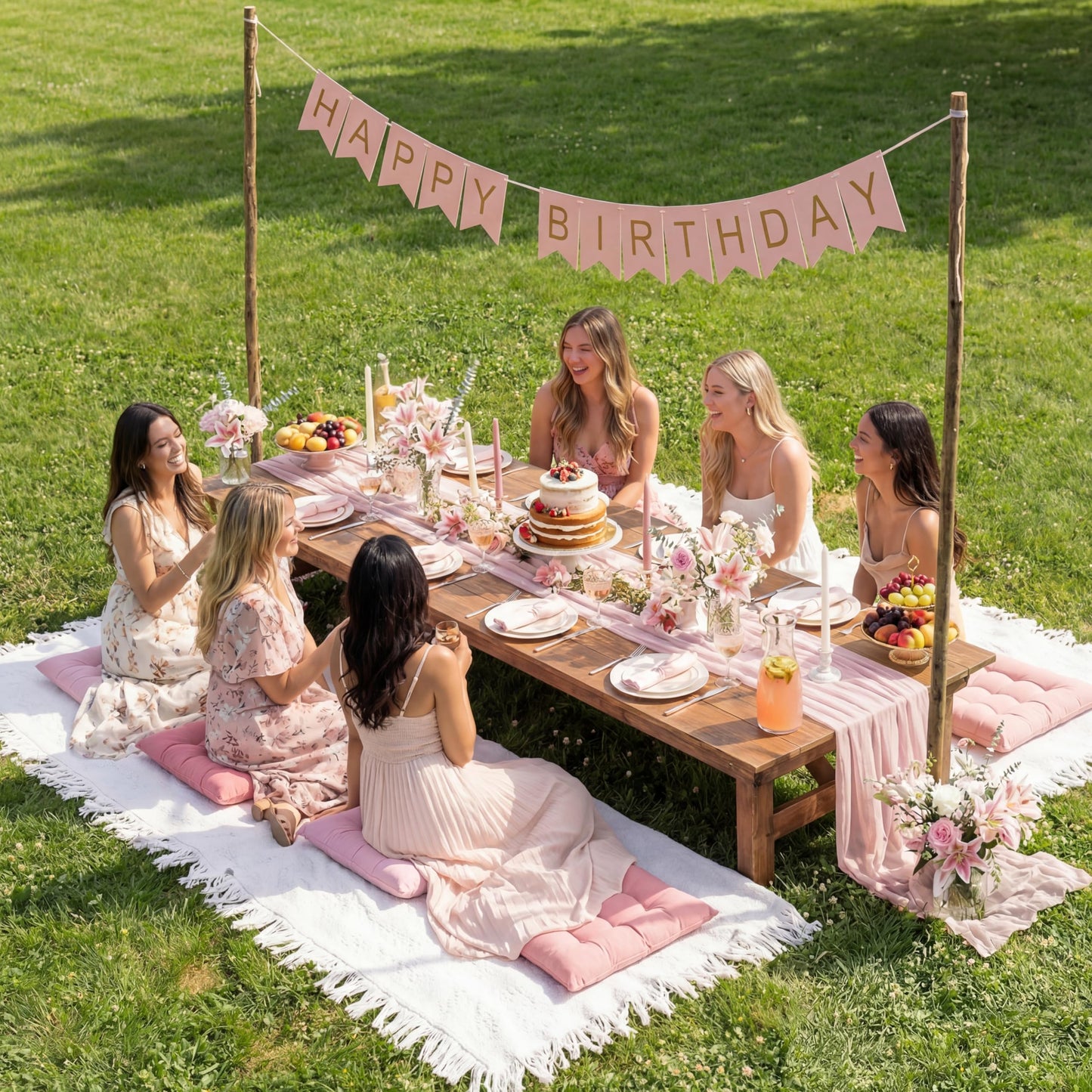 Hillsuren Extra Large Outdoor Picnic Blanket with Table Runner and Floor Pillow Cushion for Picnic Wedding Birthday Baby Shower Backyard (91 x 71'',Pink,6-Person)