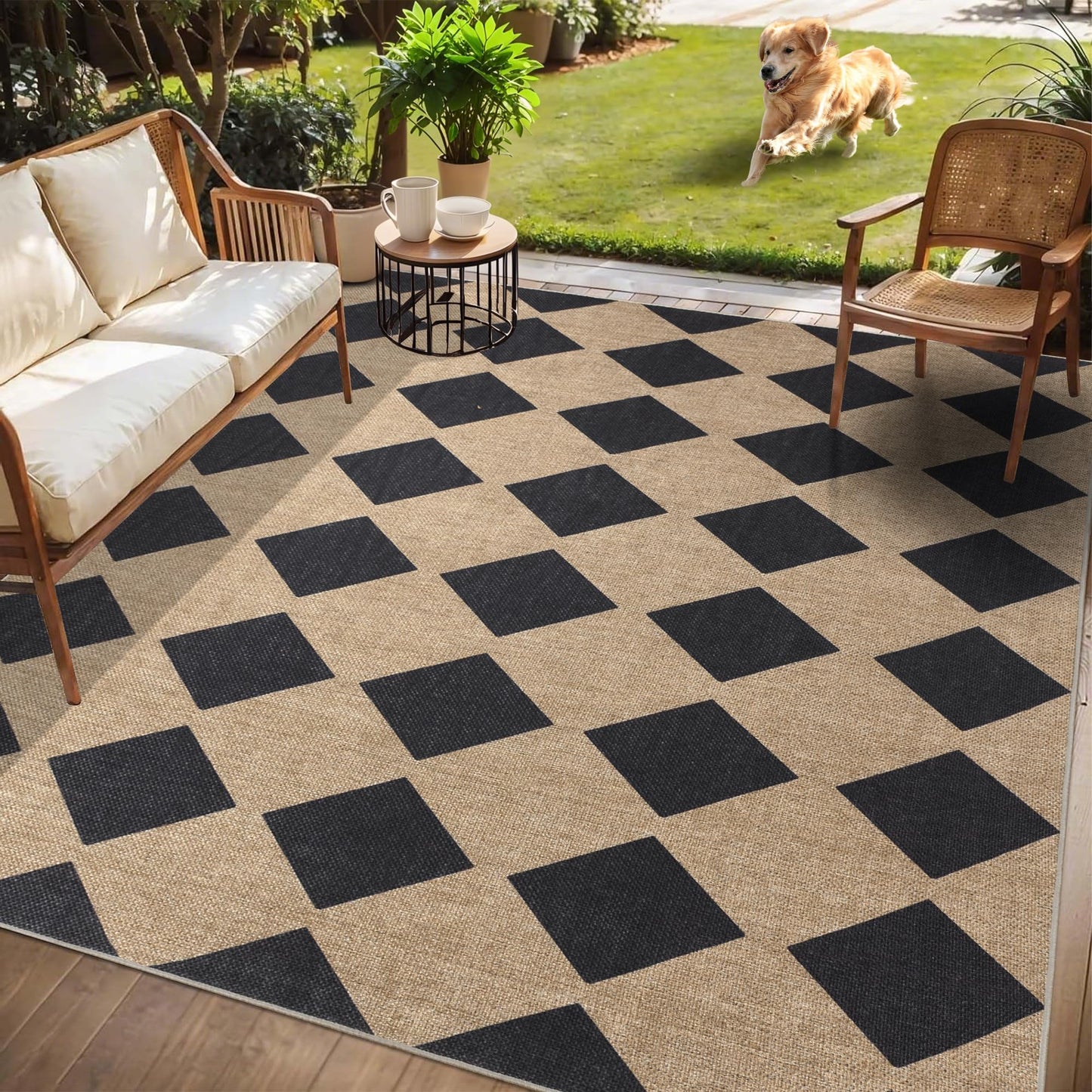 Checkered Easy Jute Rug 5x7 Outdoor Patio Rug Washable Area Rugs for Living Room Bedroom Non Slip Neutral Farmhouse Indoor Outdoor Carpet for Backyard Patio Office