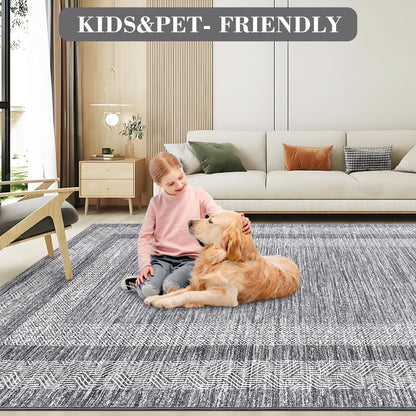 GarveeHome Modern Geometric Area Rug 5x7 Distressed Bordered Rug Washable Non Slip Floor Carpet Non Shedding Thin Rug, Soft Low Pile Rug, Contemporary Gray Rug for Dining Room, Living Room