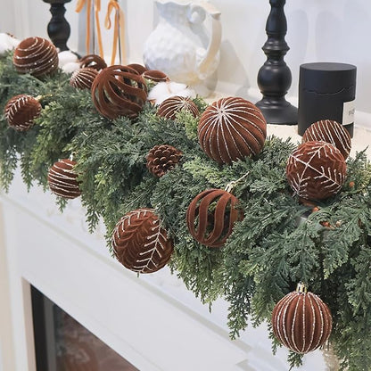 3.15INCH Brown Velvet Ornaments for Christmas Tree, 12PCS Glitter Flocked Christmas Ornaments Decorations Balls Set Decor