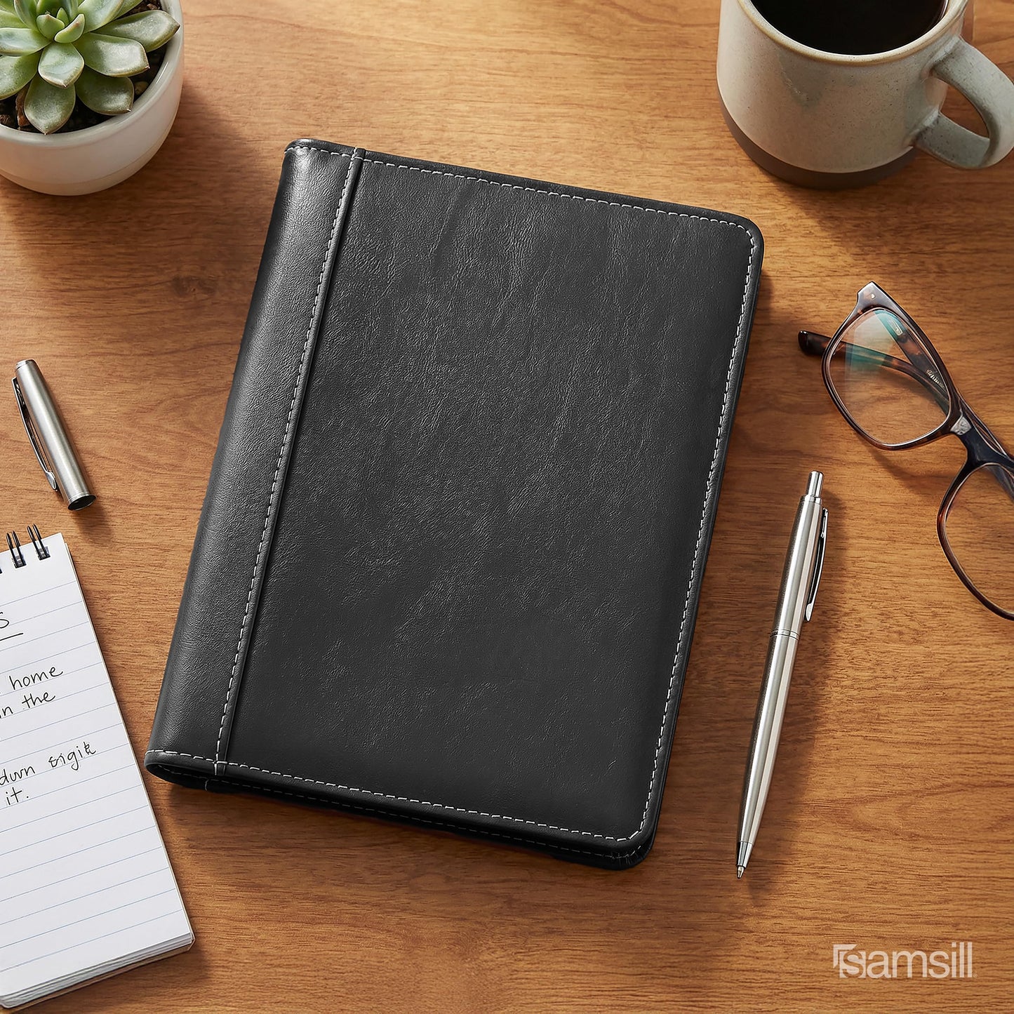 Samsill Contrast Stitch Faux-Leather Portfolio, Mini Size Business Interview Professional Padfolio, Includes 5 x 8 Inch Writing Pad, Black