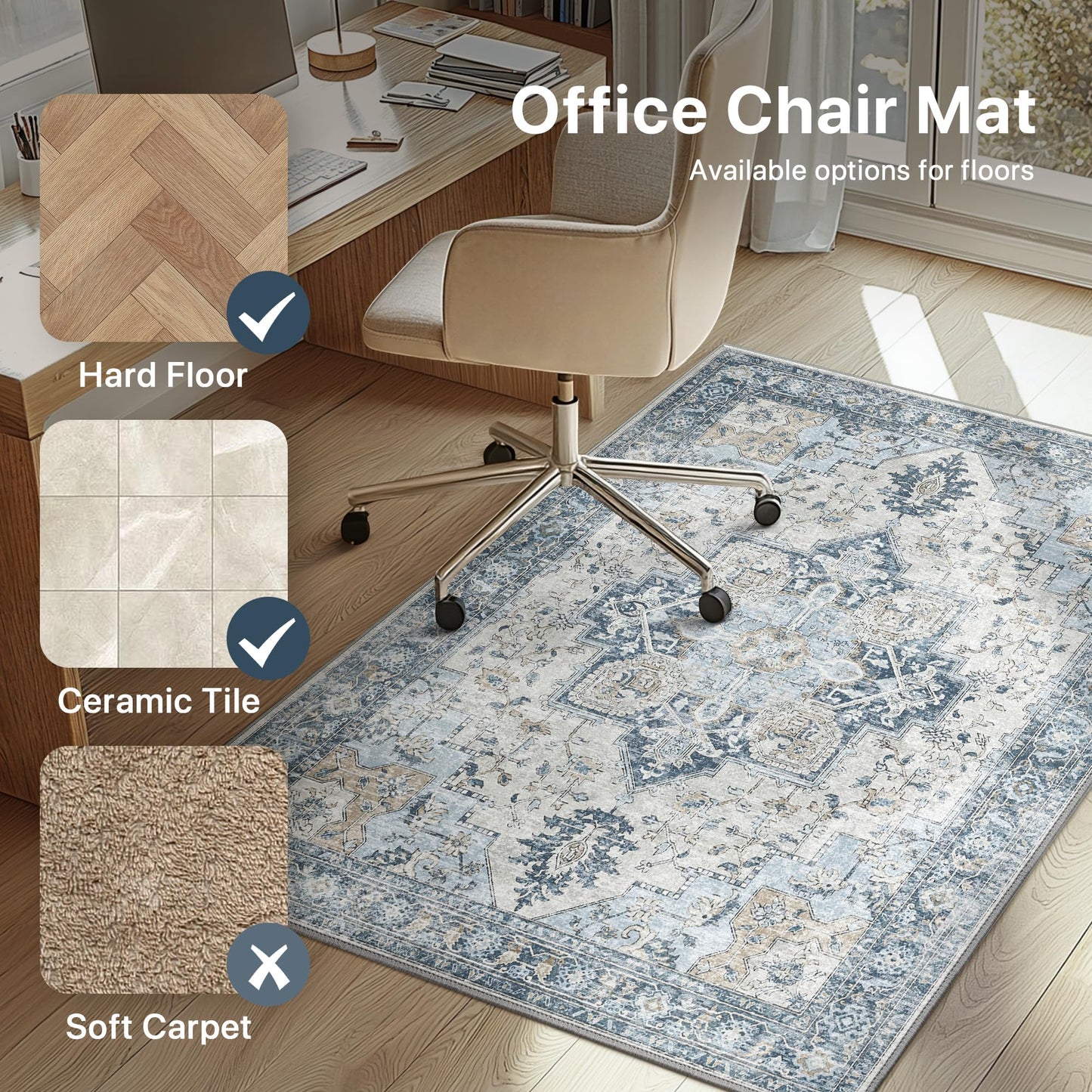 36"x48" Office Chair Mat for Hardwood Tile Floor, Under Desk Carpet Protector for Rolling Computer Chair Mat, Machine Washable Area Rug, Anti-Slip 1/5" Thick Low Pile Thin Vinyl Floor Mat, Blue