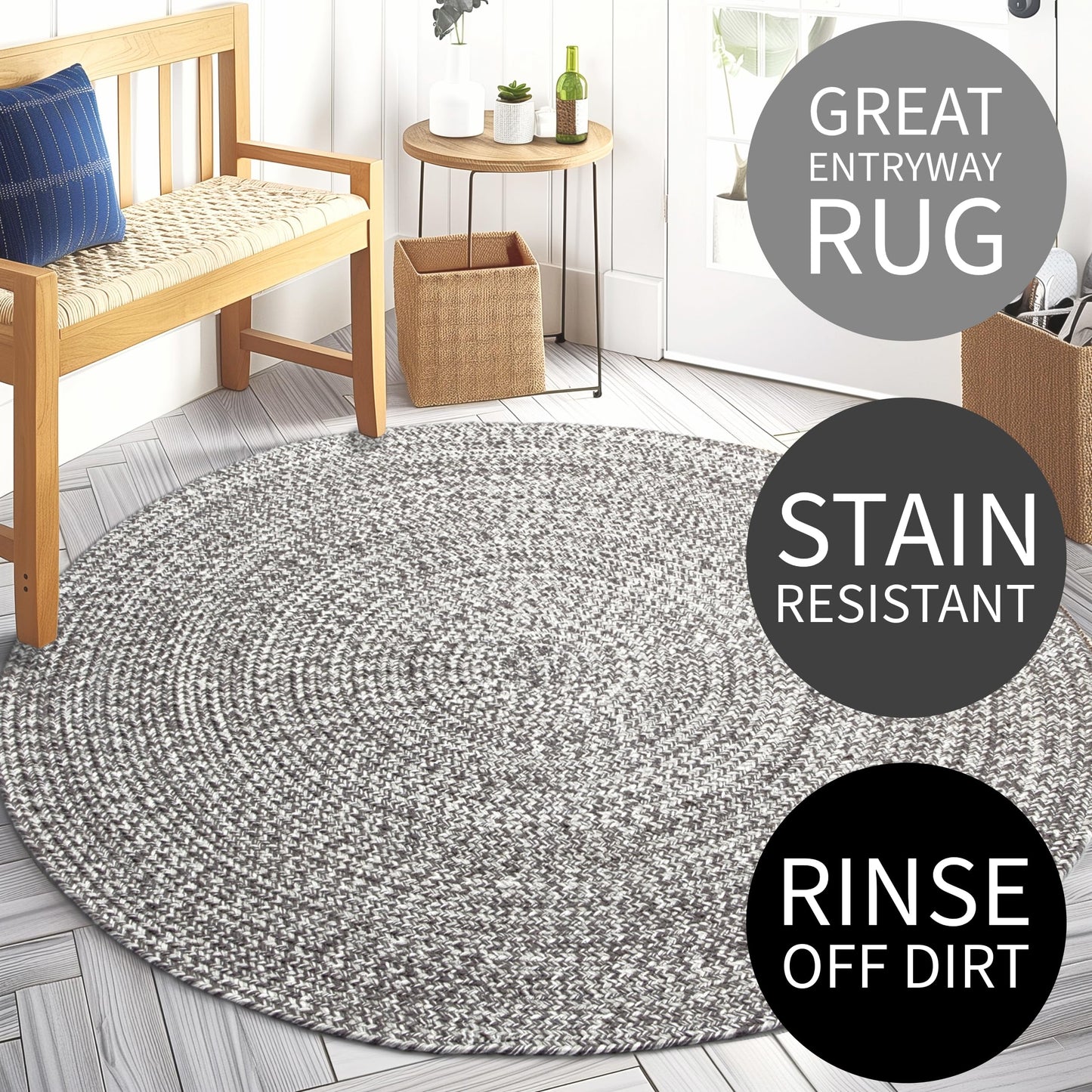 Super Area Rugs Gray/Ivory Braided Rug - Round Rug for Dining Table/Kitchen -4ft Circular Farmhouse Indoor Woven Construction