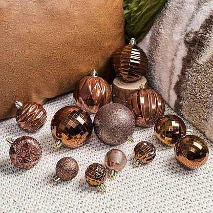 JORNOY Christmas Tree Ornaments Set, 47 Pack Assorted Shatterproof Hanging Balls Decorations, Plastic Bulbs Bulk with Lanyard for Home Holiday Party Decor, 3-Sizes (Brown)