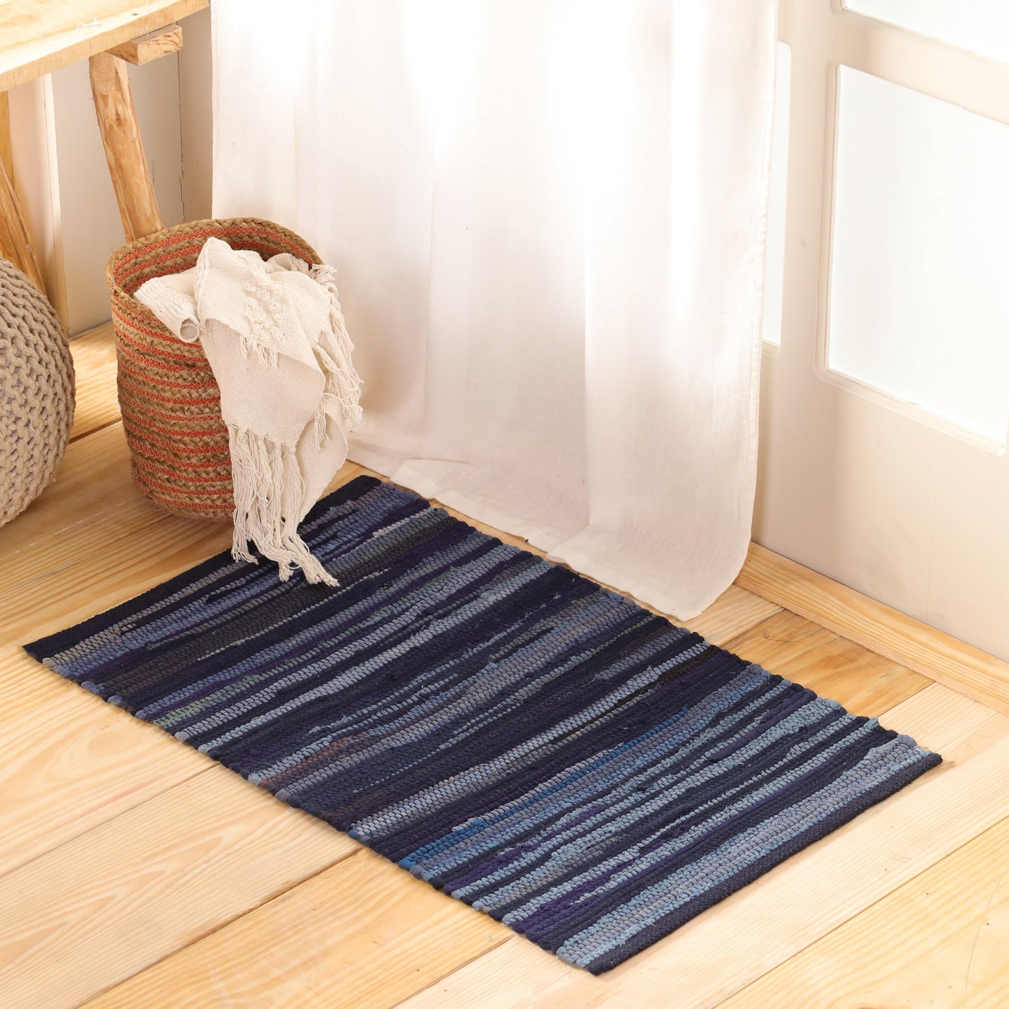 HOMEMONDE Navy Rag Rug 20"x32" Recycled Soft Cotton Chindi Rugs Hand Crafted Reversible Boho Home Decor for Entyrway, Doormat, Kitchen, Bedroom, Living Room