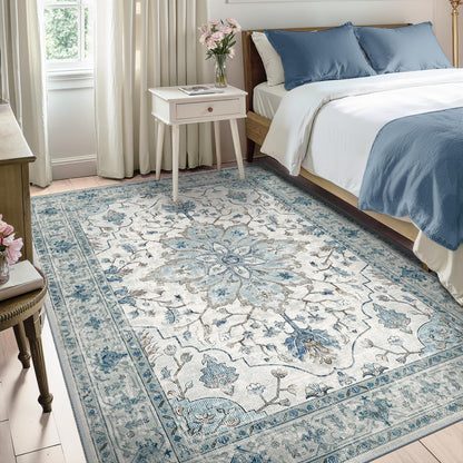 RELEANY Area Rugs 5'x7' Washable Non-Slip, Floral Vintage Distress Medallion Carpet for Living Room Bedroom Dining Room, Light Blue Navy Gray White