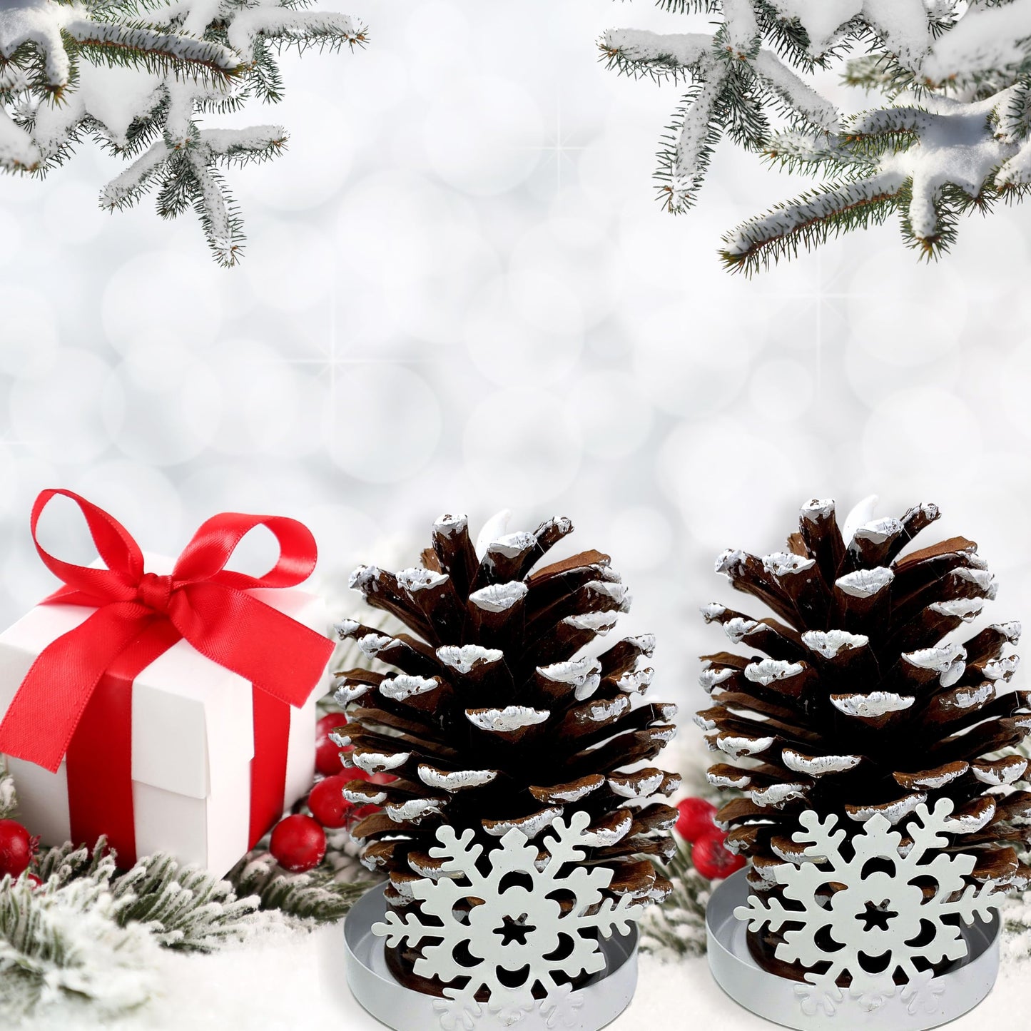LIghted Pine Cones in Metal Snowflake Holders Christmas Decor - Set of 2 - Real Pinecones with White Snowflake Holders - Flameless LED Candles Brushed with Snow - Measures 5 1/2"H X 3"W