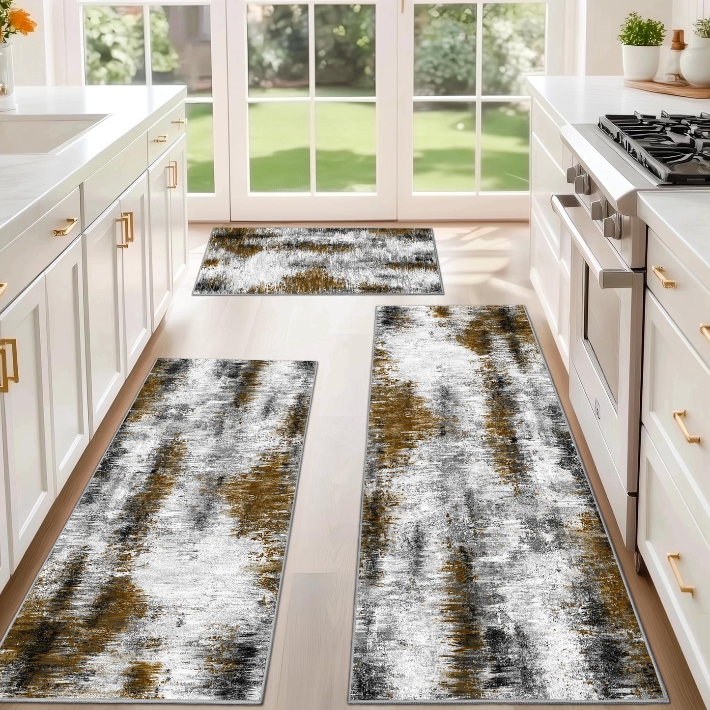 Tritard Upgrade Non Slip Kitchen Rugs Sets of 3 Washable Kitchen Mats for Floor Abstract Kitchen Runner Rug Soft Floor Mat Set Kitchen Carpet Rugs for Hallway, Laundry, Entryway, Office, Grey Brown