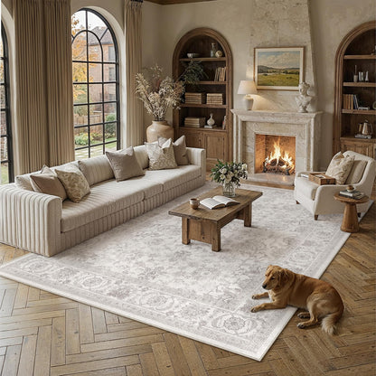 PureCozy 8x10 Gray Living Room Area Rug Vintage Washable Non Slip Indoor Carpet Distressed Low Pile Soft Retro Accent Throw Grey Large Rug for Bedroom Dining Room Office