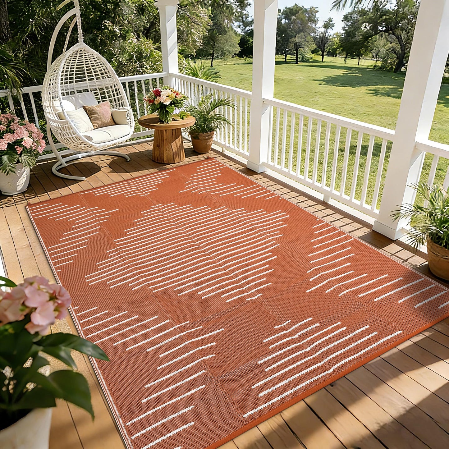 Garvee 6x9 Area Rugs Plastic Reversible Patio Rugs Outdoor Waterproof Easy-Cleaning Large Floor Mat for Outdoors Backyard Porch RV Beach Picnic Terracotta White