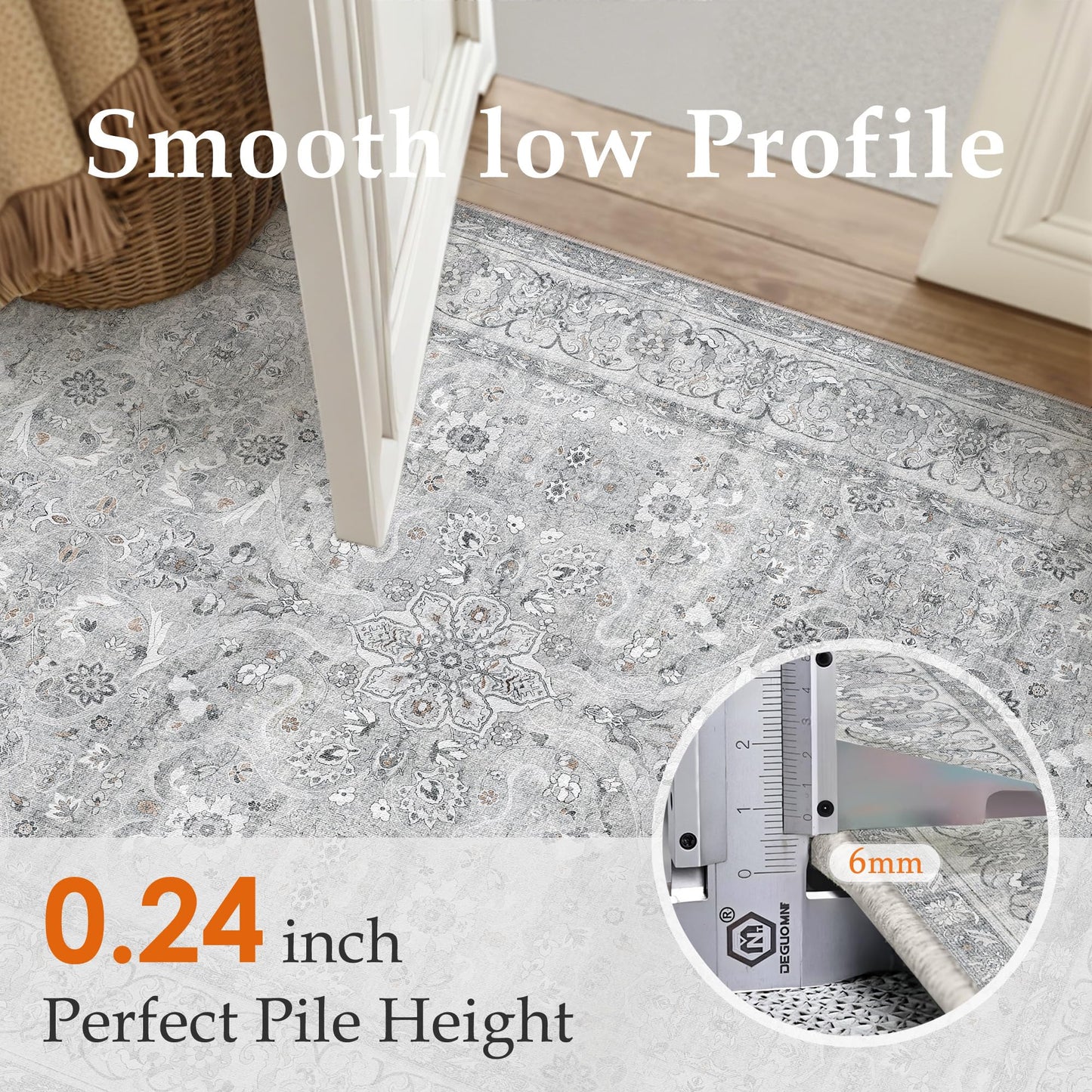 PureCozy Gray 3x5 Area Rug Entryway Washable Vintage Carpet Office Small Indoor Non Slip Soft Low Pile Thin Stain Resistant Distressed Accent Throw Rug for Entrance Bedroom Dining Living Room