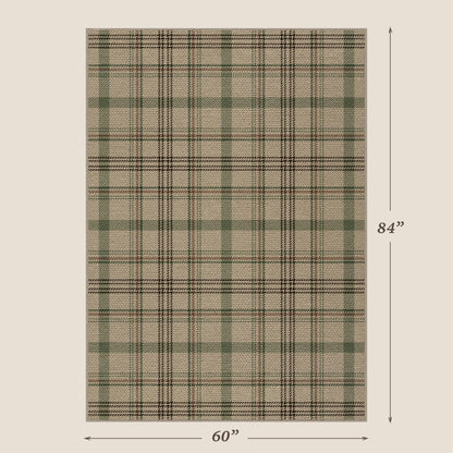 JTJ 5x7 Plaid Area Rug for Living Room - Large Indoor Outdoor Rug for Porch, Bedroom Under Bed, Non Slip Modern Farmhouse, Easy Jute Washable Beige and Sage Green Striped Aesthetic Room Decor