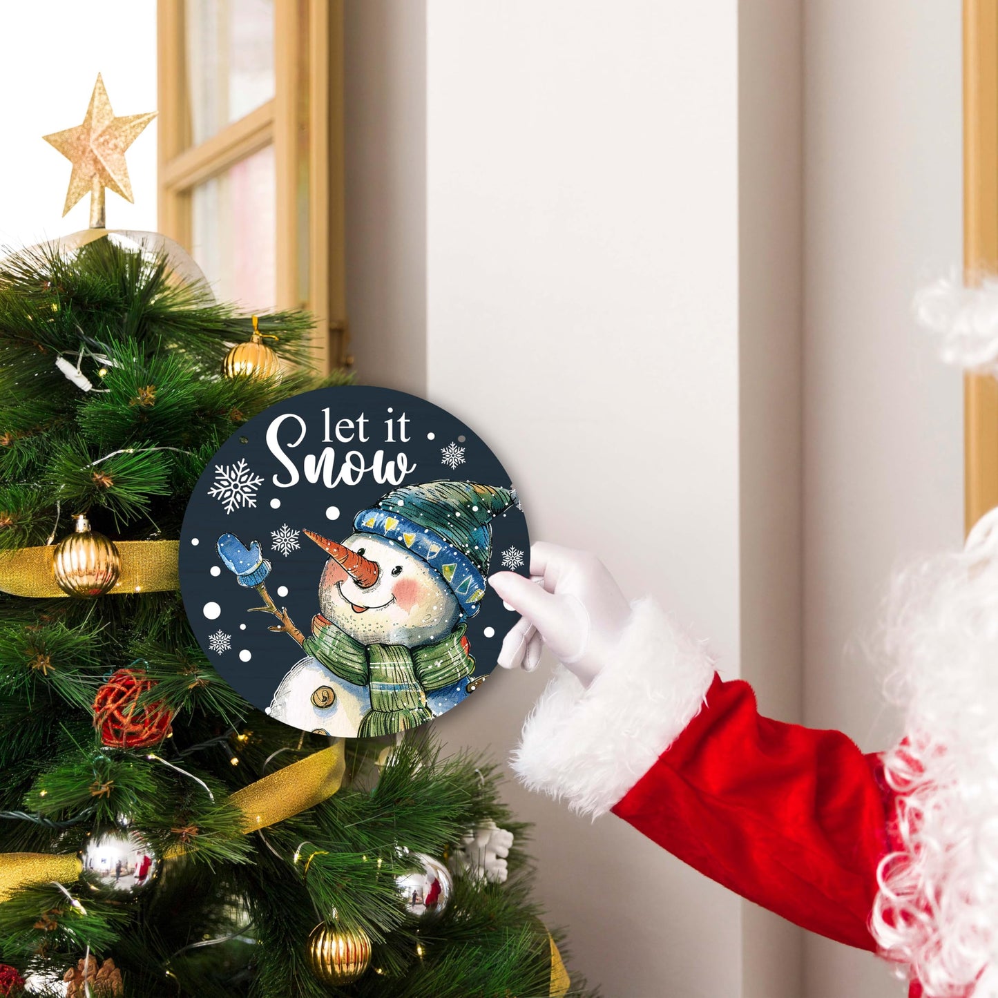 OXRUN Christmas Snowman Wooden Hanging Decorations, Winter Let It Snow Door Sign with Jute Rope, Black Wooden Farmhouse Wall Front Door Hanger, Housewarming Gifts-A03
