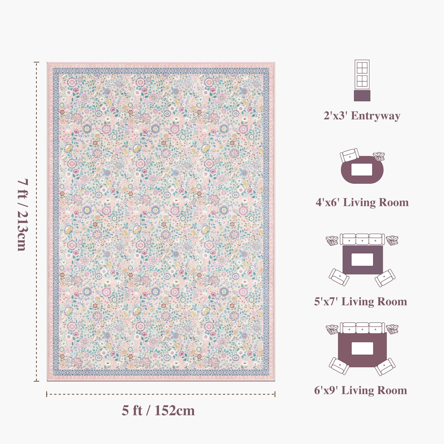 Clemile Floral Area Rug 5x7 - Washable Ultra-Thin Living Room Rug Non-Slip Carpets - Soft & Stain Resistant Rug for Kitchen Bedroom Dining Room Indoor Colorful Pink