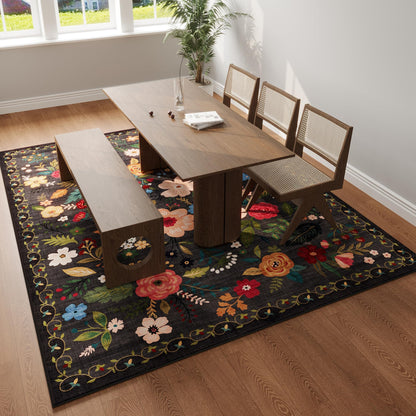 Rugcomf Living Room Rug 6x9 Rug Machine Washable Boho Area Rug Non Slip Floral Vintage Low Pile Large Rug for Living Room, Bedroom, Farmhouse, Dining Room, Kids Playroom(Black)