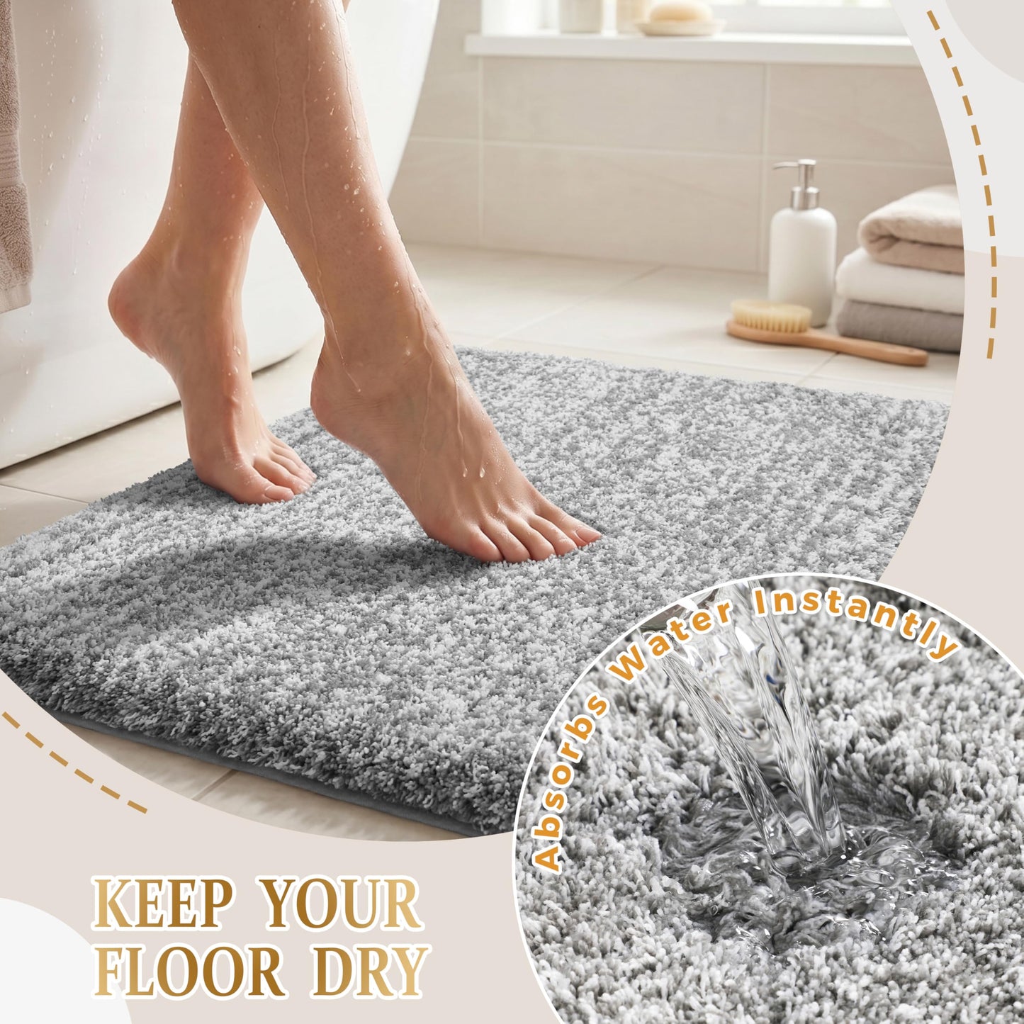 Yimobra Bathroom Rugs Non Slip Washable, Ultra Soft and Water Absorbent Bath Mats, Fluffy Shower Mat Outside, Plush Matts for Bathroom Floor/Sink, 24X17, Home Decor Accessories, Light Gray and White