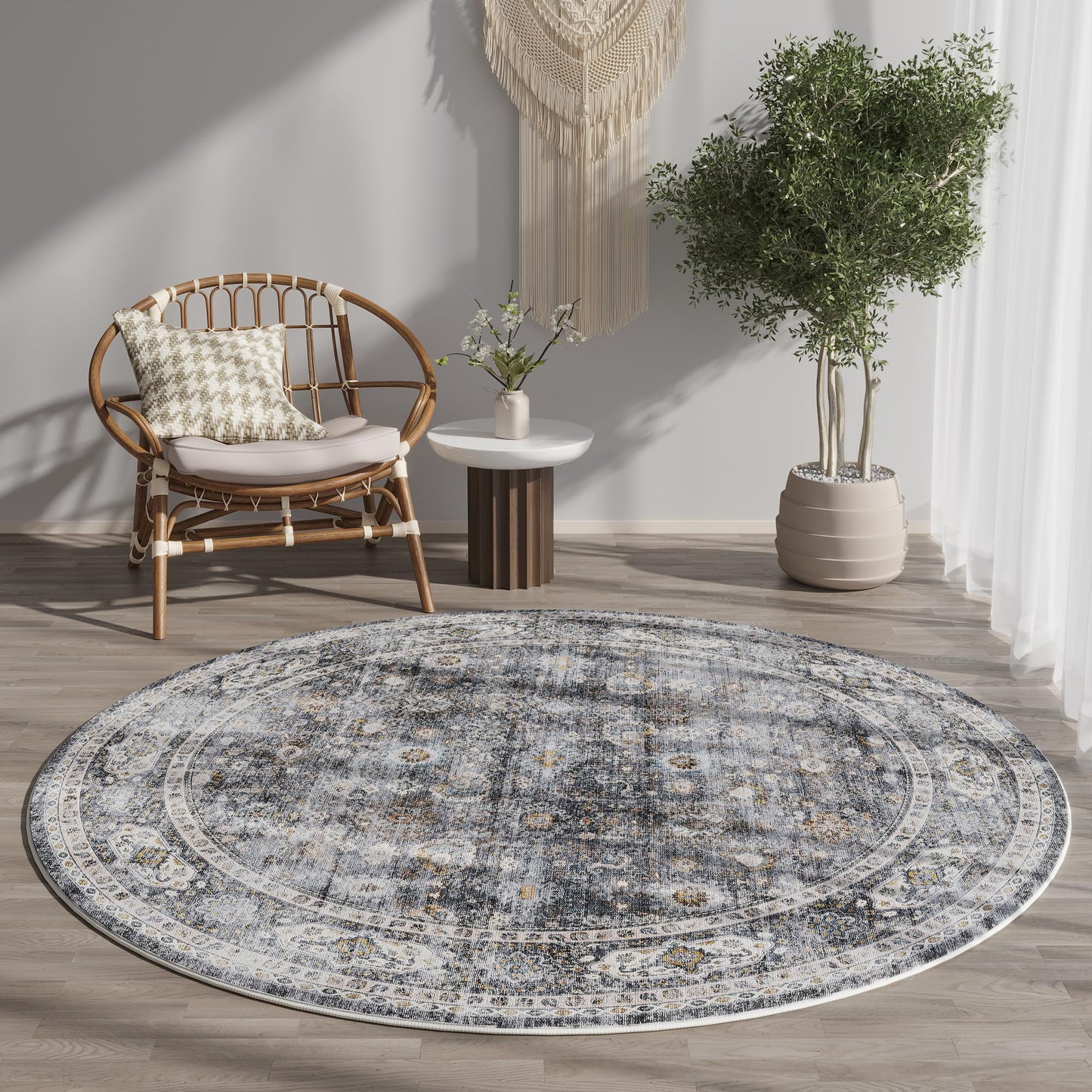 Rugcomf Round Rug 4ft Washable Circle Rug Non Slip Low Pile Boho Small Circular Rug for Bedroom, Bathroom, Entryway, Kids Room, Office, College Dorm(Grey)