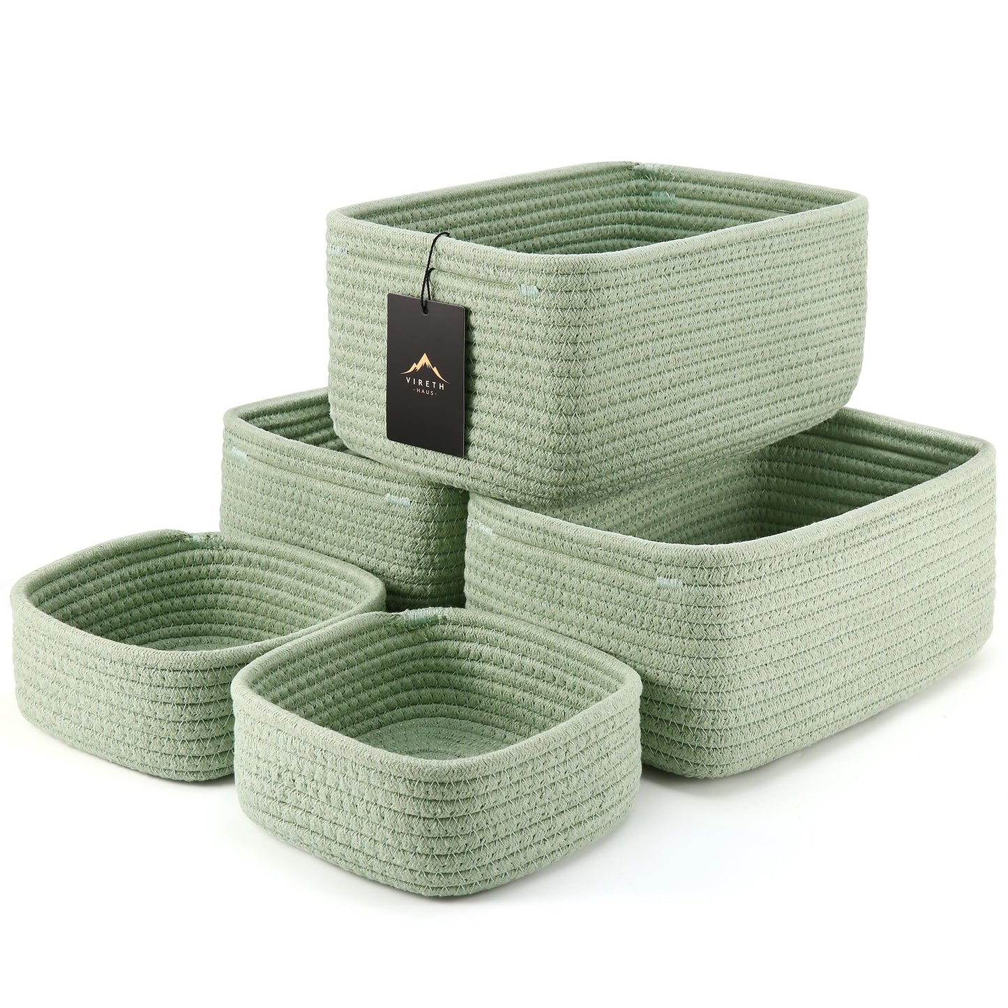 VIRETH HAUS 5-Pack Small Woven Rope Storage Baskets – 2 Sizes Organizer Bins for Closet, Shelf, Bookshelf, Nursery, Changing Table, Fabric Cube Boxes, Rectangular Shallow Bins for Bathroom, Toy & Home