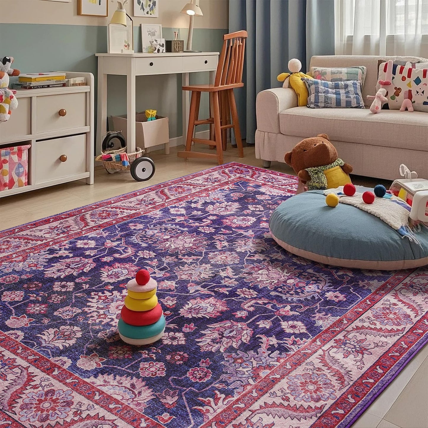 Rtizon Purple Area Rugs for Living Room, Washable 5x7 Area Rug for Bedroom, Retro Floral Carpet with Non-Slip Rubber Backing for Girls's Beside Dorm Home Office Dining Room Kitchen, Blue and Purple