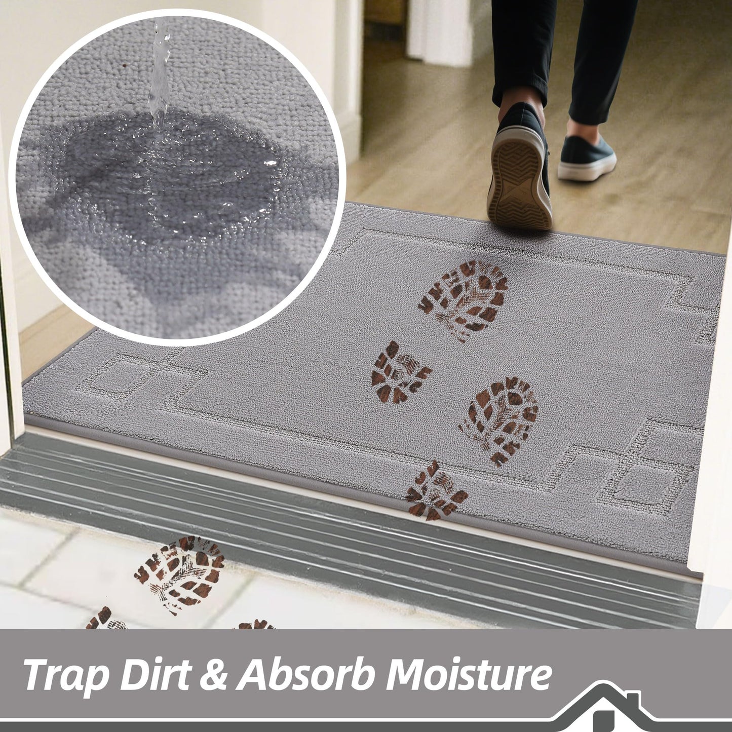 BEQHAUSE Door Mat 24" x 36", Non-Slip Door Mats Indoor Entryway Rugs Washable Low-Profile Absorbent and Dirt Trapper Floor Mats, Dog Door Mat for Front Back Door, Mud Wet Shoes & Paws, Light Grey