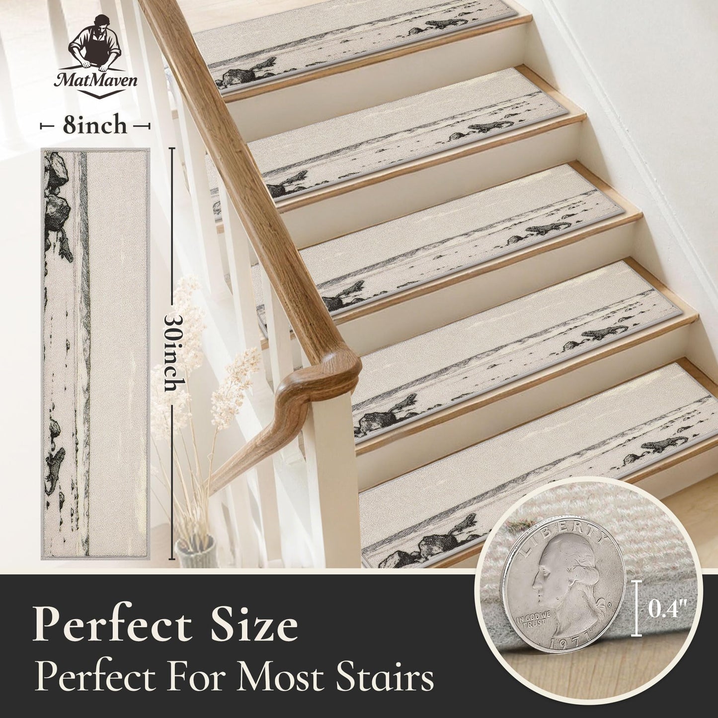 MatMaven Stair Treads for Wooden Steps Indoor,15 Pack 8"x30" Non Slip Machine Washable Carpet Stair Treads,Stair Runner Rugs with Peel & Stick Reusable TPE Backing for Kids Elders & Pets,Grey