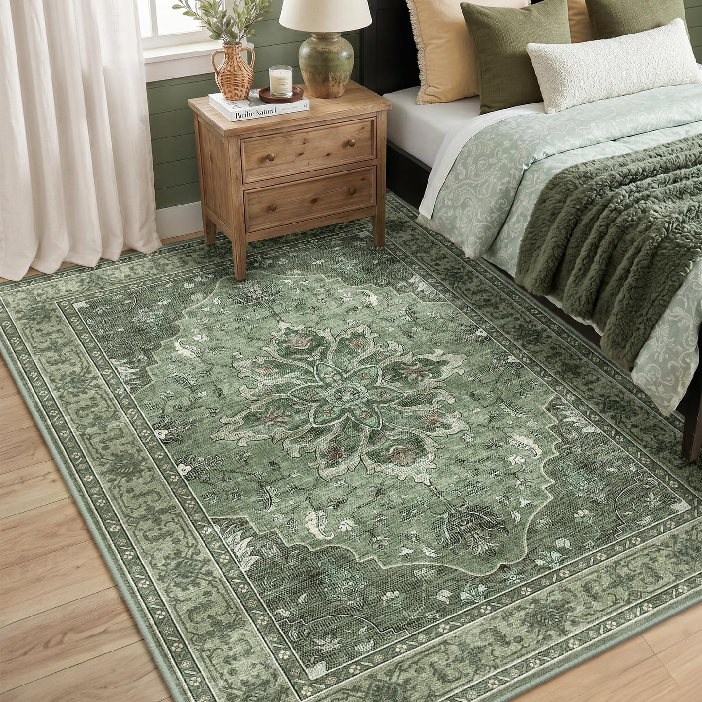 RELEANY Area Rugs 5'x7' Washable Non-Slip, Floral Vintage Distress Medallion Carpet for Living Room Bedroom Dining Room, Dark Green Gray