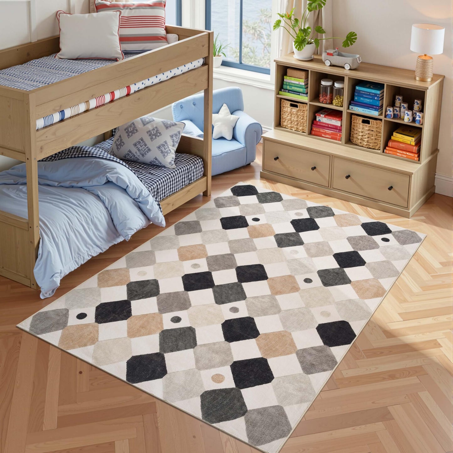 jinchan Macy 5x7 Area Rug for Kids Room Black and White Modern Colorful Nursery Rug Checkered Diamond Play Mat Washable Soft Non Slip Carpet for Playroom Classroom Bedroom Living Room Marble on Cream