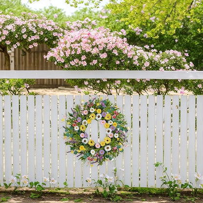 Spring Wreath 22 Inch Artificial Summer Wreath with Yellow Daisy Flowers Green Eucalyptus Leaves Lavender Spring Wreaths for Front Door Home Farmhouse Porch Wall Easter Festival